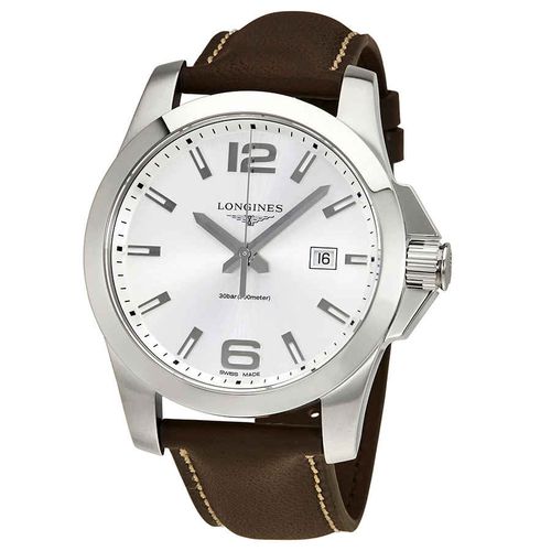 Conquest Silver Dial Brown Leather Mens 43mm Watch L37604765