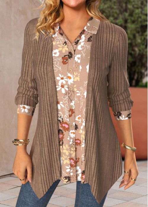Modlily Light Coffee Fake 2in1 Floral Print Blouse