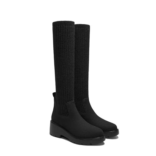 VIVAIA Eduarda Women's Wool Knee High Boots, Round Toe Platform Wedge Chunky Boots, Comfortable Warm for Fall Winter Black