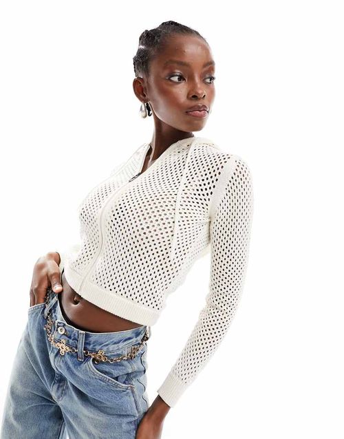 COLLUSION crochet knit hoodie in ecru-White
