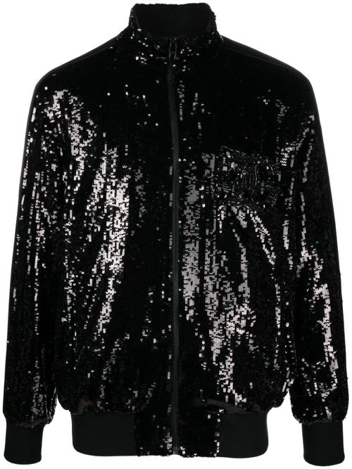 Embellished-logo sequin silk jacket - Black