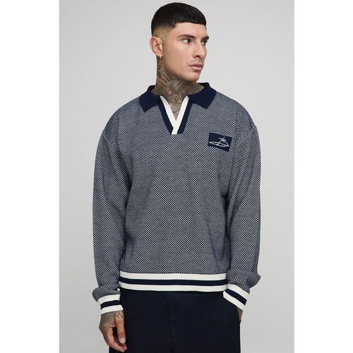 Mens Navy Tall Contrast Edge Open Knit Boxy Oversized Polo Neck Jumper, Navy