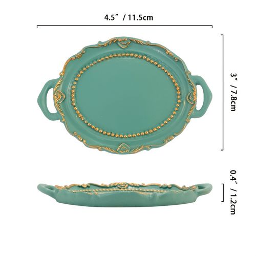 TEMU Jewelry Display Tray - Elegant Oval Tabletop Organizer With Teal Green & Golden Accents, Decorative Plate For Earrings, Necklaces, Candle Holder
