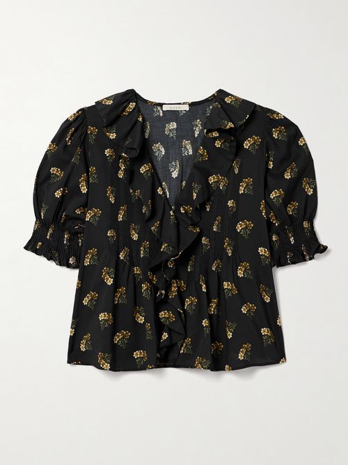 Henri Ruffled Pintucked Floral-print Organic Cotton-blend Voile Top - Black