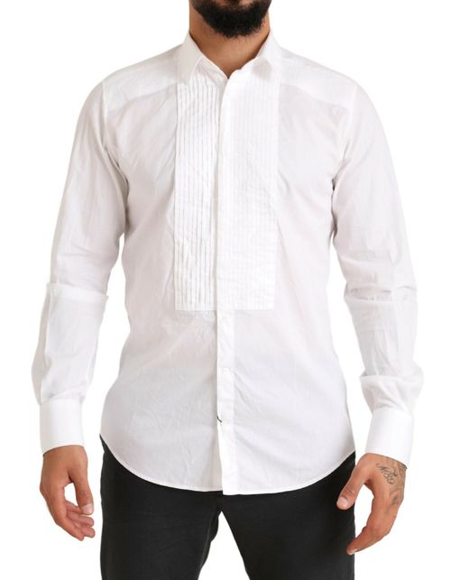 Tuxedo Pleated Cotton Dress Shirt — White