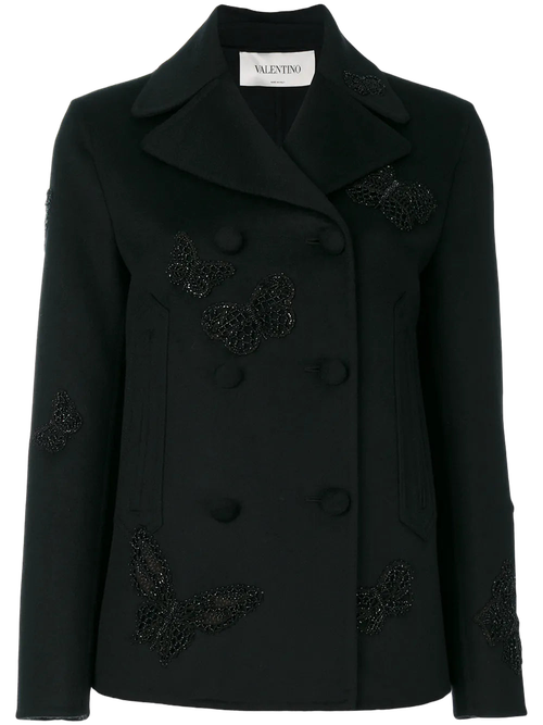 Butterfly-Embroidered Wool Silk Blend Blazer — Black