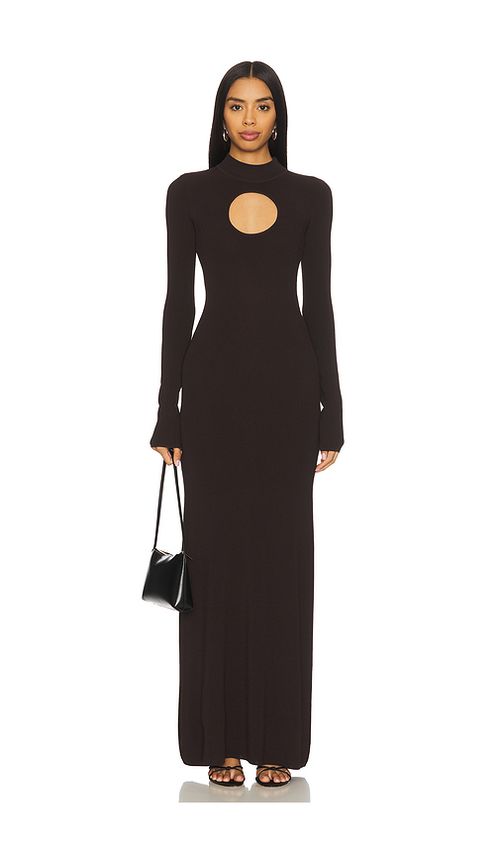 NICHOLAS Diantha Long Sleeve Midi Dress With Circle Cutout in Chocolate. L. Also in XS, S