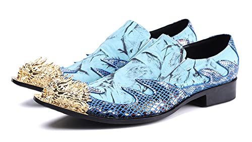 Santimon Mens Dress Shoes Genuine Leather Metal Pointed Dragon Tip Tuxedo Business Formal Composite Loafers Blue