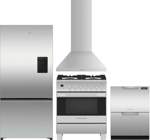 Fisher & Paykel 4 Piece Kitchen Appliances Package with Bottom Freezer Refrigerator, Dual Fuel Range and Dishwasher in Stainless Steel FPRERADWRH