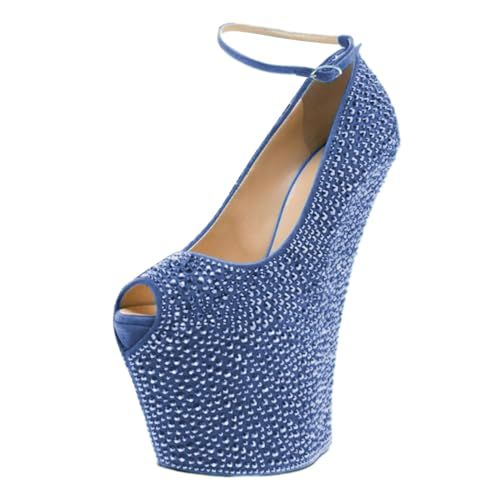 FSJ Women Embellished Rhinestone Wedges Heel Pumps Covered Platform High Heel Peep Toe Ankle Strap Dress Shoes for Wedding Daily Life