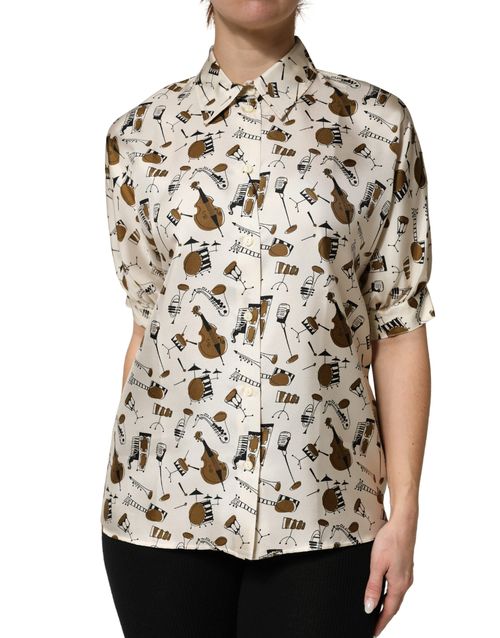 Musical Instrument Print Silk Blouse — Beige