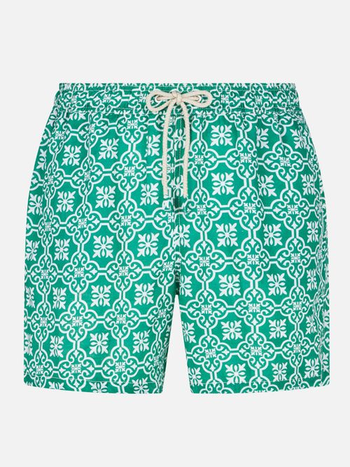 Man Linen Swim Shorts With Patterned Print Green Swimshort - Men