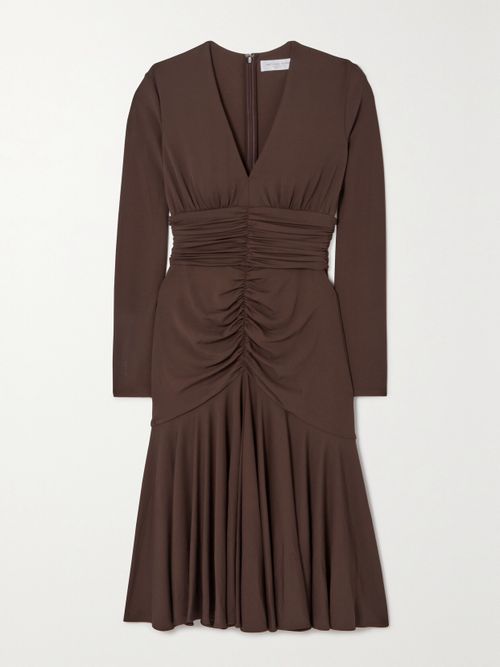 Ruched Stretch-jersey Midi Dress - Dark brown
