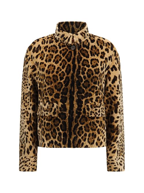 Leopard-Print Velvet Jacket — Beige