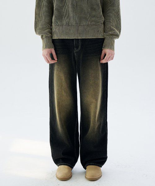 Front Washing Wide Denim Pants_YELLOW BLACK