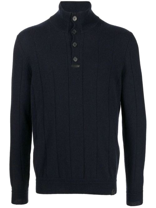 Cashmere Roll Neck Button-Front Sweater — Navy