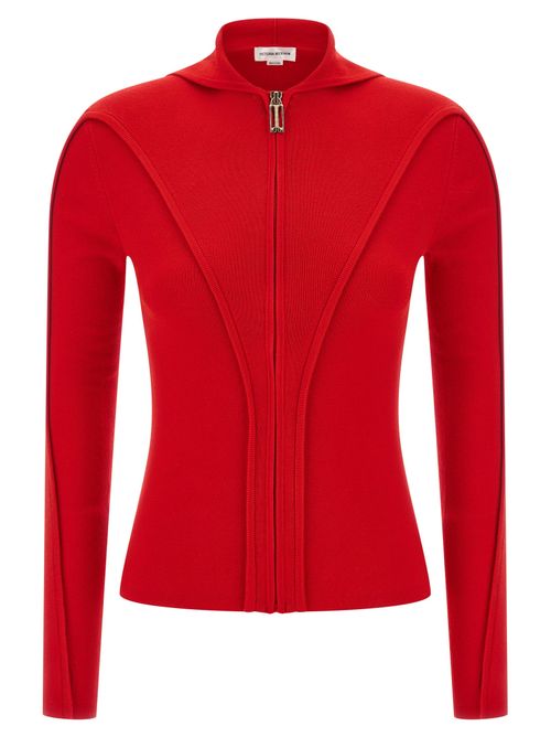 Ribbed Wool Zip-Through Jacket — Red