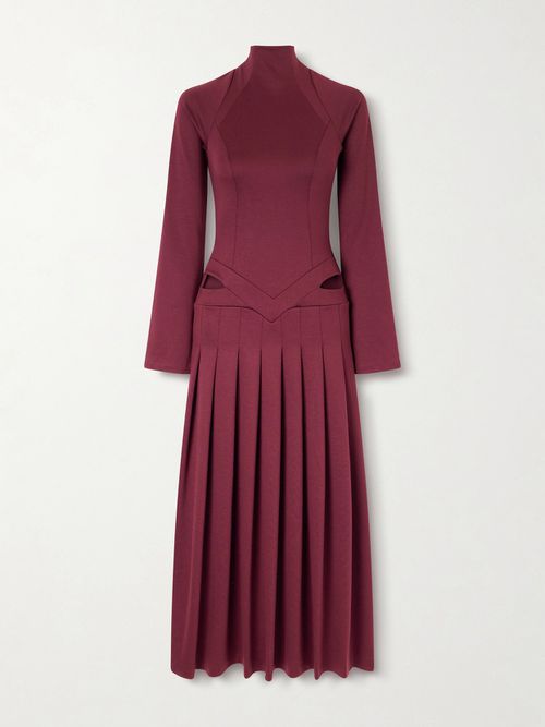 Open-back Cutout Pleated Jersey Turtleneck Midi Dress - Burgundy