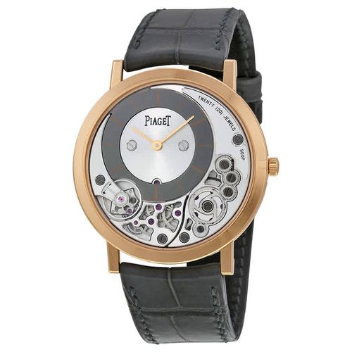 Altiplano Silver and Black Skeleton Dial 18kt Rose Gold Gray Leather Mens Watch GOA39110
