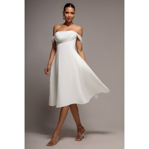 Goddiva Sparkle Chiffon Cowl Bardot Skater Midi Dress - Crea