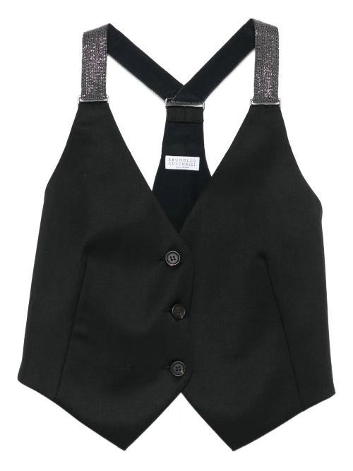 Glitter-Strap Buttoned Vest — Black