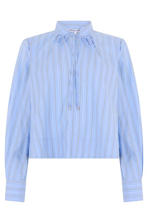 Striped Long-Sleeve Cropped Blouse with Buttons