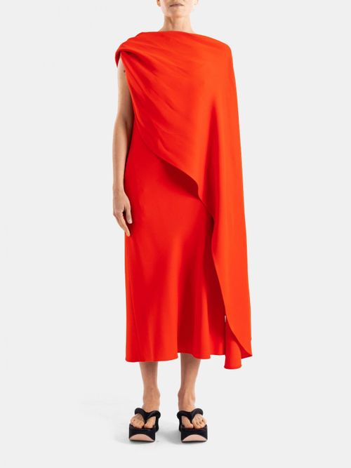 One-Shoulder Midi Evening Dress in Wool and Silk Crêpe