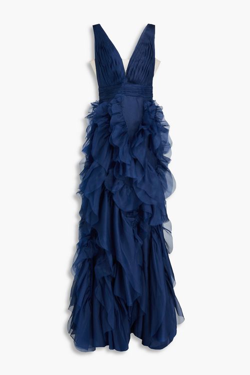 Marchesa Notte - Ruffled silk-organza gown - Blue - US 10