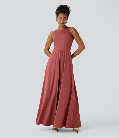 Breezeful™ Zipper Sleeveless Pocket Contrast Quick Dry Jumpsuit  - Kapok Red