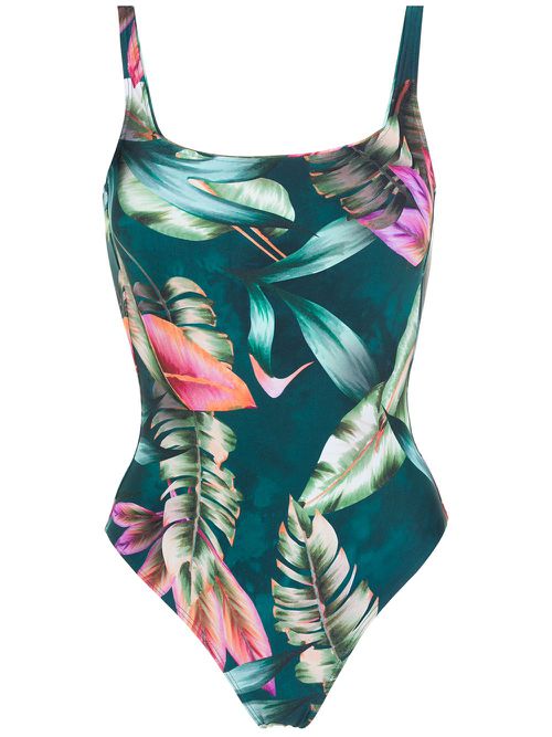 Leaf-print square-neck swimsuit - Green