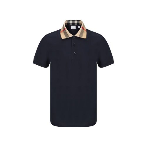 Check-Collar Cotton Polo Shirt — Navy