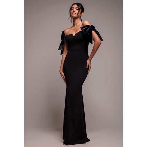 Goddiva Scuba Off The Shoulder Velvet Bow Maxi Dress - Black
