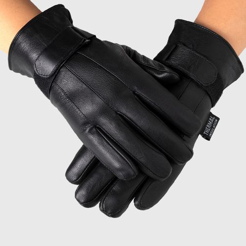 Mens Gloves Dressy Genuine Leather Warm Thermal Lined Wrist Strap - Black