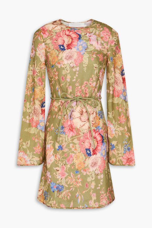 Belted floral-print linen mini dress