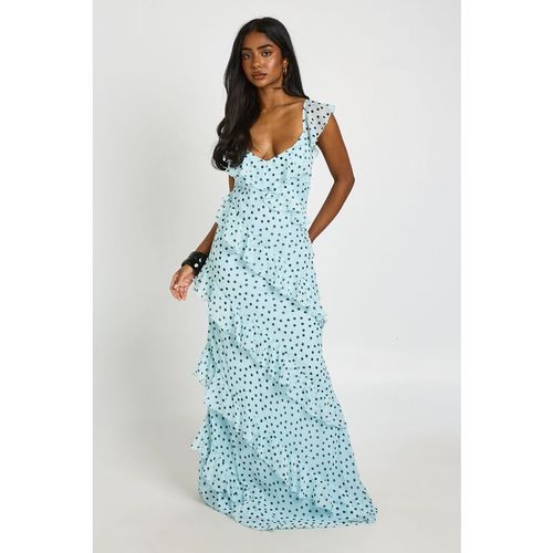 Boohoo Womens Chiffon Ruffle Polka Dot Strappy Maxi Dress - Blue