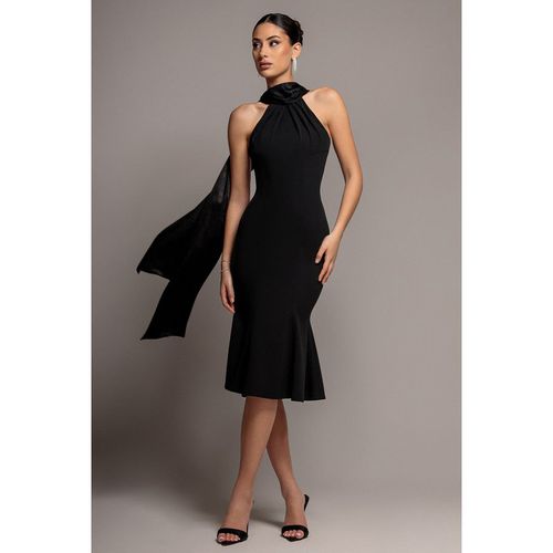 Goddiva Scuba & Soft Satin Halterneck Midi Dress With Back Sash - Black