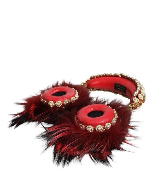 Red Gold Crystal Fur Headset Audio Aux Headphones Brass Accessory