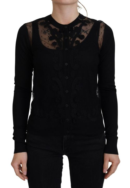 Floral Lace Silk Cardigan — Black