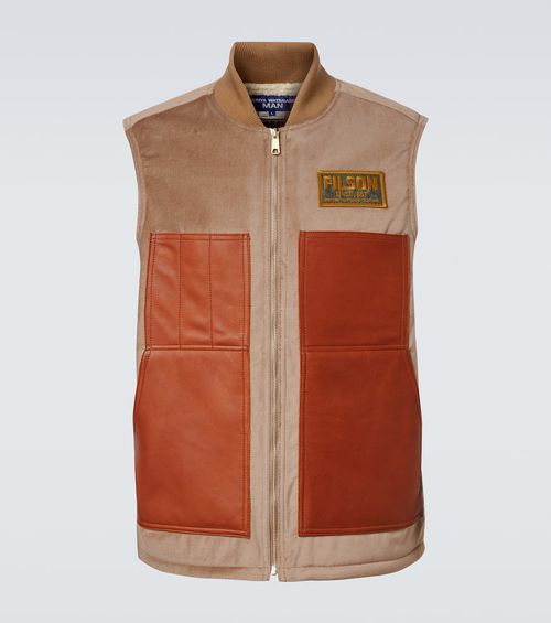 Leather-trimmed cotton and wool vest