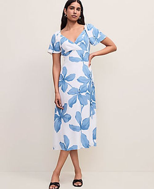 Ann Taylor Floral Shirred Flare Midi Dress