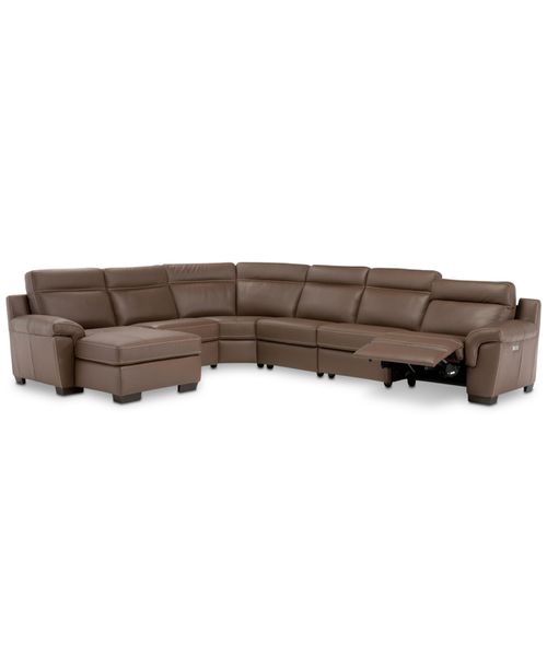Closeout! Julius Ii 6-Pc. Leather Chaise Sectional Sofa With 1 Power Recliner, Power Headrest & Usb Power Outlet, Created for Dark Taupe