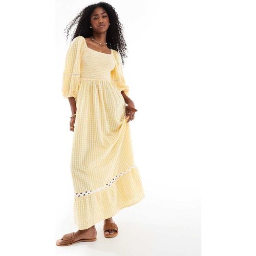 Accessorize Womens puff sleeve gingham maxi beach dress in orange