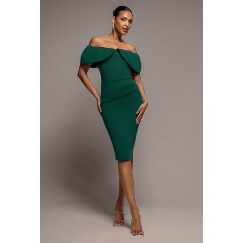 Goddiva Scuba Crepe Pleated Bardot Midi Dress - Emerald Green