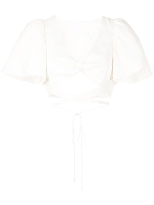 Twist-front puff-sleeve cropped top - White