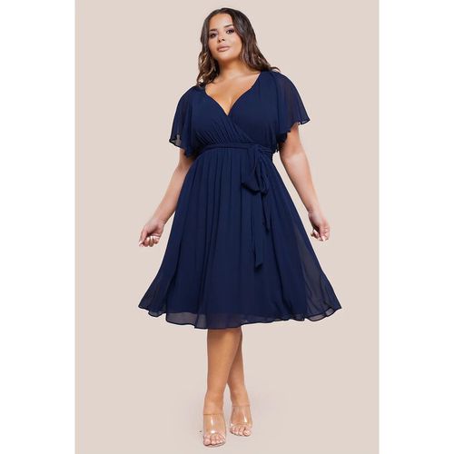 Goddiva Plus Flutter Sleeve Wrap Midi Dress - Navy Blue