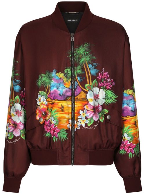 Island-print silk bomber jacket - Red