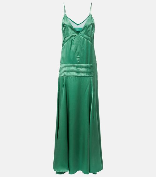 Embroidered pleated silk satin gown