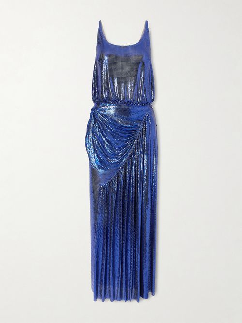 Draped Pleated Chainmail Midi Dress - Blue