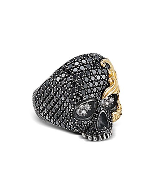 Men's Sterling Silver & 18K Yellow Gold Waves Skull Ring with Black & White Diamonds