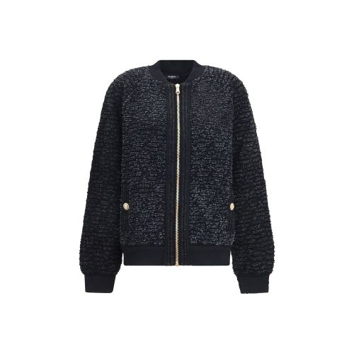 Sequin-Embellished Viscose Plush Bomber Jacket — Black
